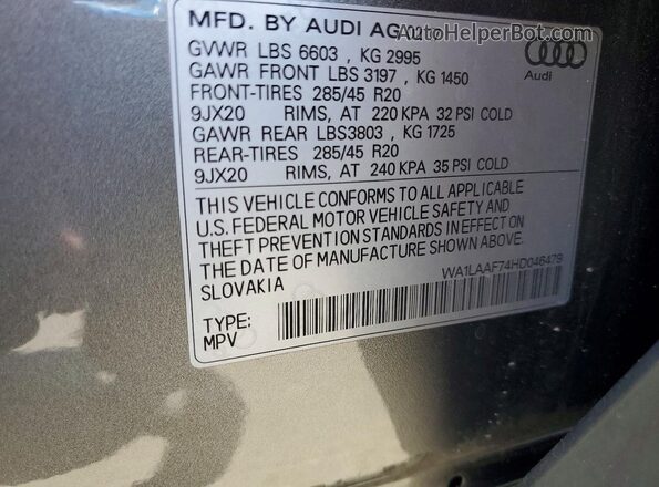WA1LAAF74HD046479 2017 AUDI Q7 Gray Widok naklejki z numerem VIN