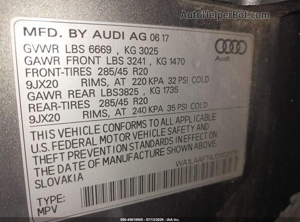 WA1LAAF74JD002570 2018 AUDI Q7 Серый Вид подкапотного пространства