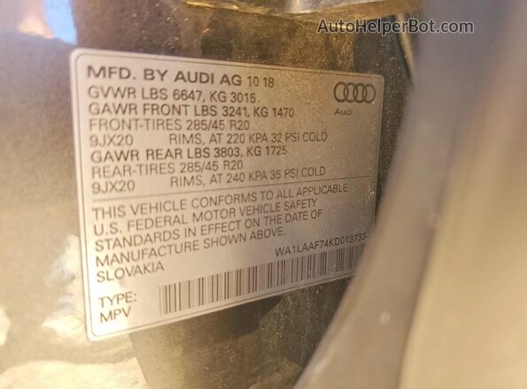 WA1LAAF74KD013733 2019 AUDI Q7 Gray VIN կոդի պիտակի տեսք
