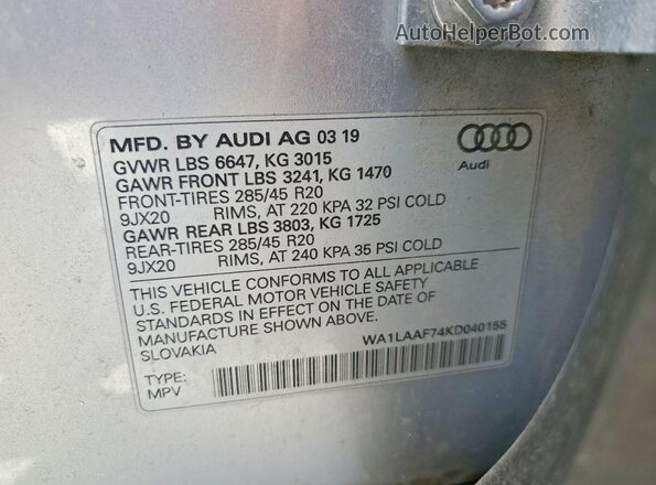 WA1LAAF74KD040155 2019 AUDI Q7 Серебряный Вид наклейки с VIN-кодом
