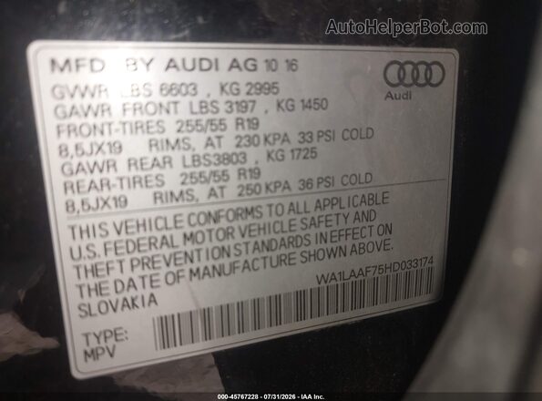 WA1LAAF75HD033174 2017 AUDI Q7 Black Շարժիչի բաժամունքի տեսք