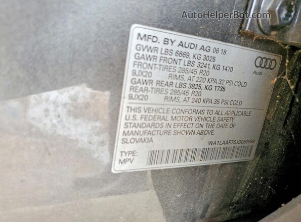 WA1LAAF76JD050099 2018 AUDI Q7 Gray VIN კოდის სტიკერის ხედი