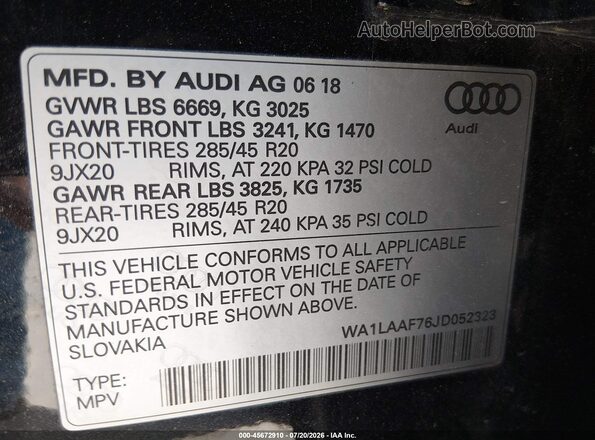 WA1LAAF76JD052323 2018 AUDI Q7 Black Vista del compartimento del motor
