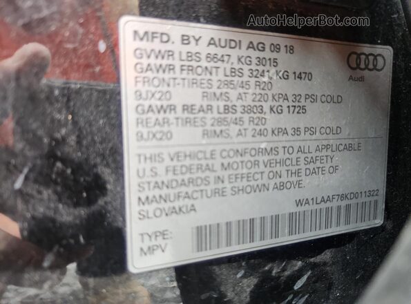WA1LAAF76KD011322 2019 AUDI Q7 Black VIN კოდის სტიკერის ხედი