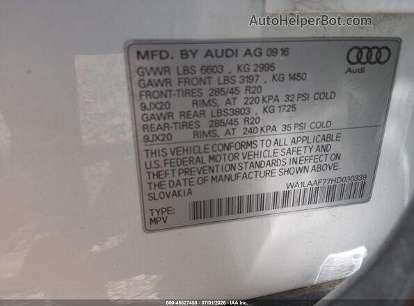 WA1LAAF77HD030339 2017 AUDI Q7 White Vista del compartimento del motor