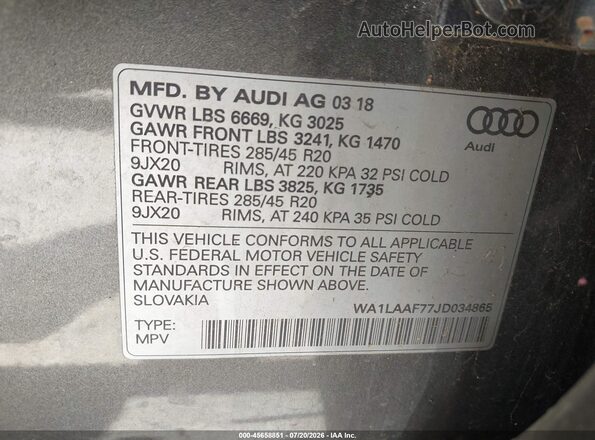WA1LAAF77JD034865 2018 AUDI Q7 Gray Вид підкапотного простору