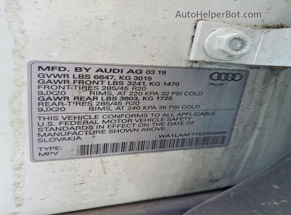 WA1LAAF77KD040036 2019 AUDI Q7 White Widok naklejki z numerem VIN