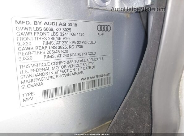 WA1LAAF78JD037872 2018 AUDI Q7 Серебряный Вид подкапотного пространства