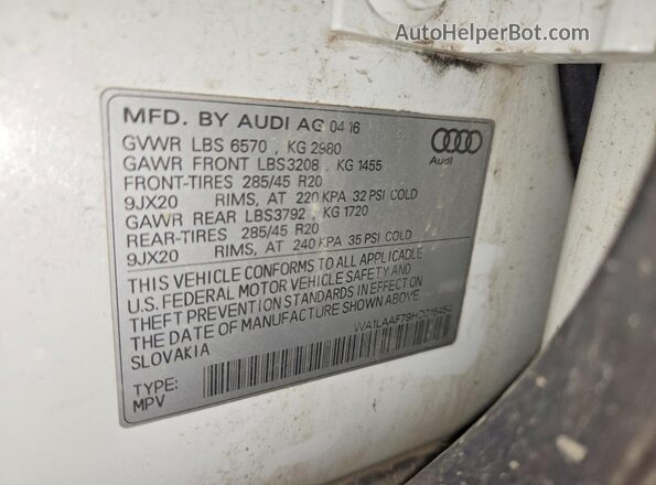 WA1LAAF79HD015454 2017 AUDI Q7 White VIN կոդի պիտակի տեսք