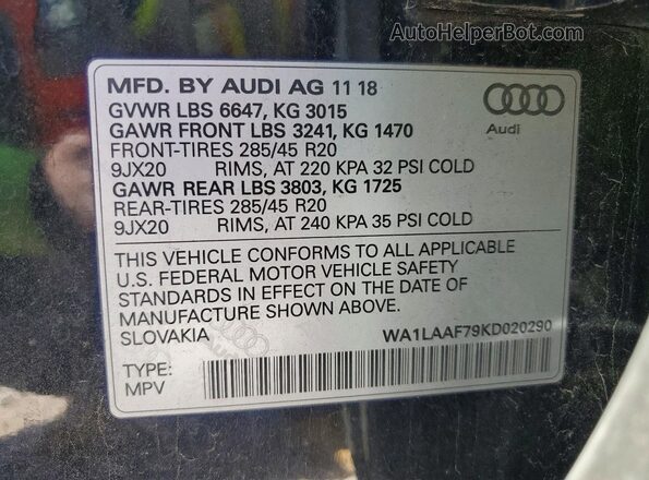 WA1LAAF79KD020290 2019 AUDI Q7 Black Widok naklejki z numerem VIN