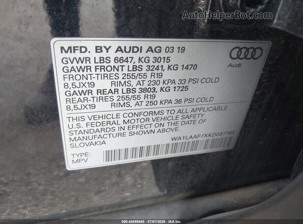 WA1LAAF7XKD037762 2019 AUDI Q7 Black Widok komory silnika