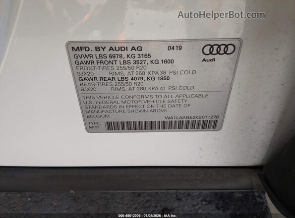 WA1LAAGE2KB011276 2019 AUDI E-TRON White ძრავის განყოფილების ხედი
