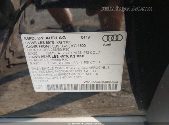 WA1LAAGE4KB009822 2019 AUDI E-TRON Black Widok komory silnika