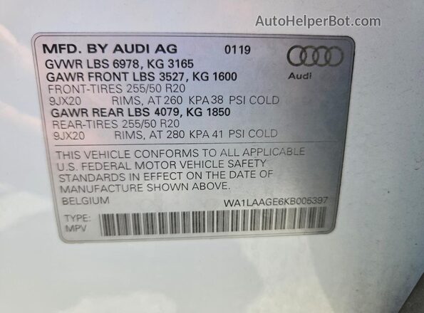 WA1LAAGE6KB005397 2019 AUDI E-TRON White Вид підкапотного простору