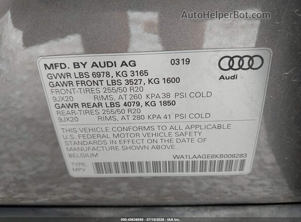 WA1LAAGE6KB008283 2019 AUDI E-TRON Серый Вид подкапотного пространства