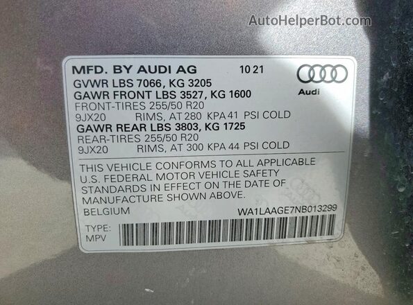 WA1LAAGE7NB013299 2022 AUDI E-TRON Silver Вид наклейки з VIN-кодом