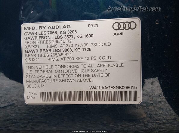 WA1LAAGEXNB008615 2022 AUDI E-TRON Blue ძრავის განყოფილების ხედი