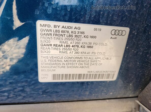WA1LABGE3KB015343 2019 AUDI E-TRON Blue სალონის 360-გრადუსიანი ხედი