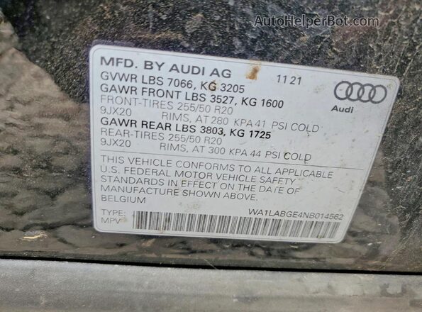 WA1LABGE4NB014562 2022 AUDI E-TRON Black Вид наклейки з VIN-кодом