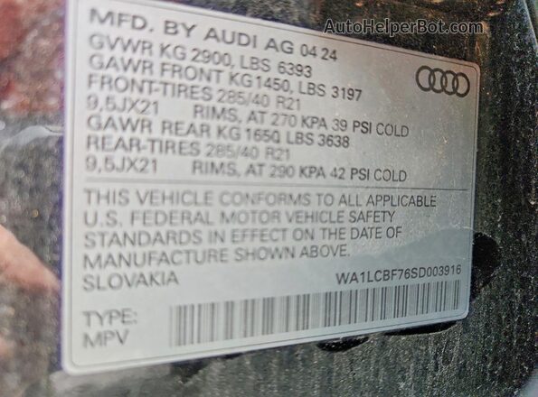 WA1LCBF76SD003916 2025 AUDI Q7 Black VIN კოდის სტიკერის ხედი