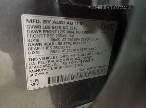 WA1LHAF70KD019833 2019 AUDI Q7 Gray Widok naklejki z numerem VIN