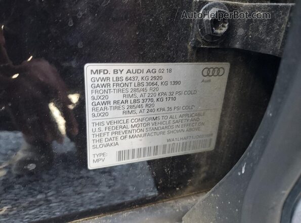 WA1LHAF71JD031696 2018 AUDI Q7 Black Vista de la etiqueta del VIN