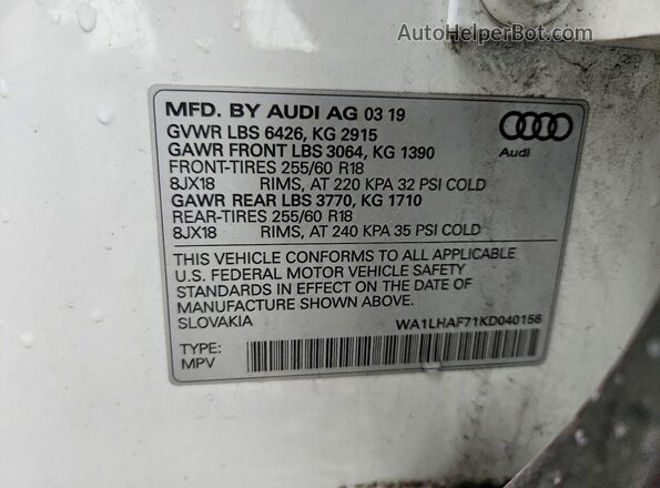 WA1LHAF71KD040156 2019 AUDI Q7 White Вид наклейки з VIN-кодом