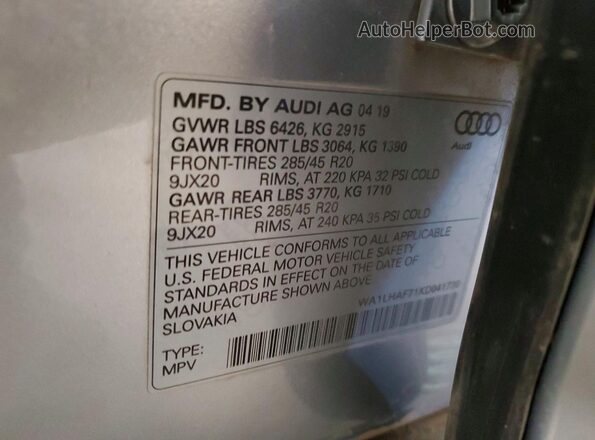 WA1LHAF71KD041730 2019 AUDI Q7 Silver Widok naklejki z numerem VIN