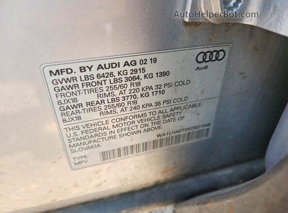 WA1LHAF72KD031546 2019 AUDI Q7 Серебряный Вид наклейки с VIN-кодом
