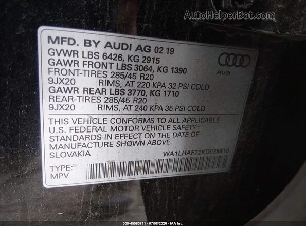 WA1LHAF72KD035810 2019 AUDI Q7 Black Vista del compartimento del motor