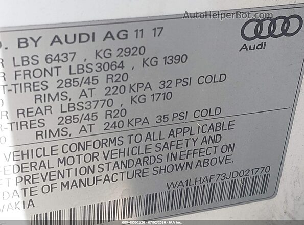 WA1LHAF73JD021770 2018 AUDI Q7 White Շարժիչի բաժամունքի տեսք