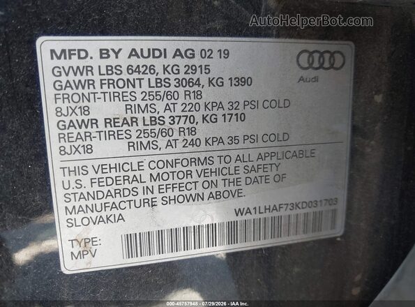 WA1LHAF73KD031703 2019 AUDI Q7 Black Widok komory silnika