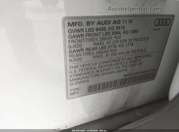 WA1LHAF74KD022153 2019 AUDI Q7 White Շարժիչի բաժամունքի տեսք