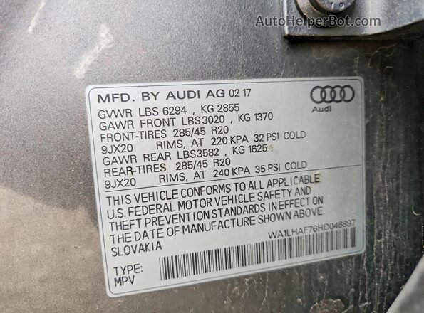 WA1LHAF76HD046897 2017 AUDI Q7 Серый Вид наклейки с VIN-кодом