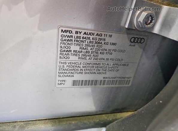 WA1LHAF77KD021627 2019 AUDI Q7 Silver Widok naklejki z numerem VIN