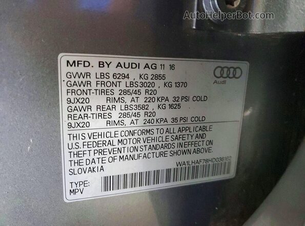 WA1LHAF78HD036162 2017 AUDI Q7 Silver VIN კოდის სტიკერის ხედი
