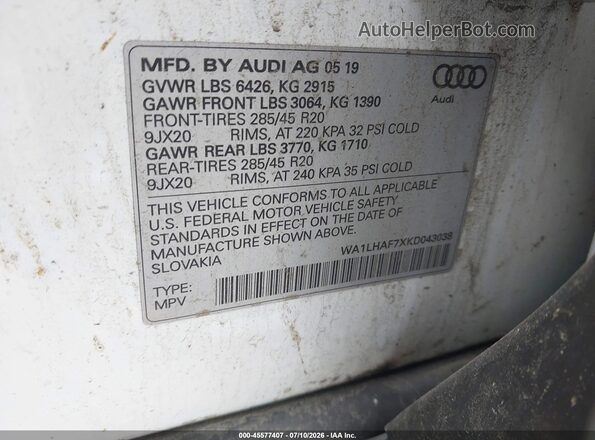 WA1LHAF7XKD043038 2019 AUDI Q7 White ძრავის განყოფილების ხედი