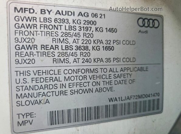 WA1LJAF72MD041470 2021 AUDI Q7 White VIN կոդի պիտակի տեսք
