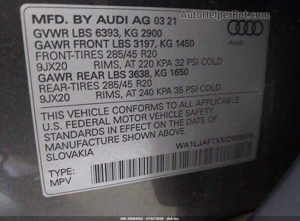 WA1LJAF7XMD035576 2021 AUDI Q7 Gray Widok komory silnika