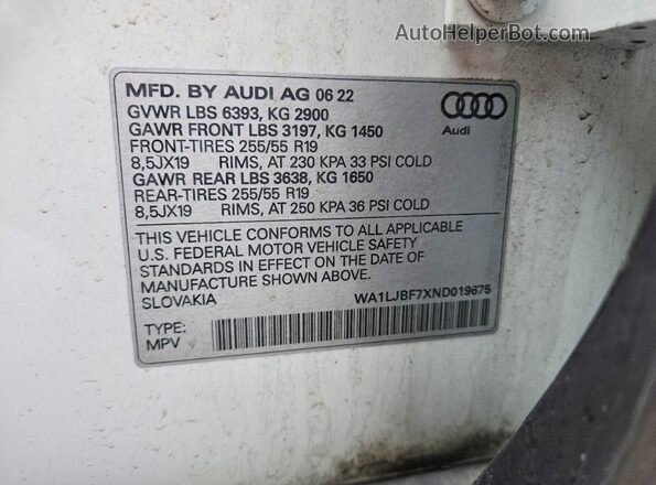 WA1LJBF7XND019675 2022 AUDI Q7 White VIN კოდის სტიკერის ხედი