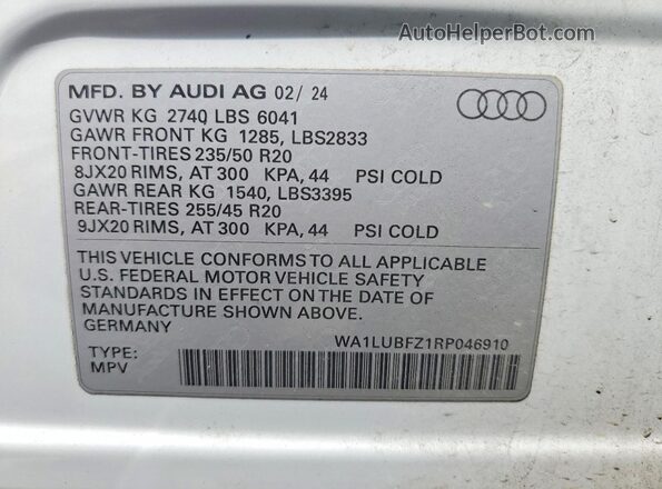 WA1LUBFZ1RP046910 2024 AUDI Q4 Белый Вид наклейки с VIN-кодом