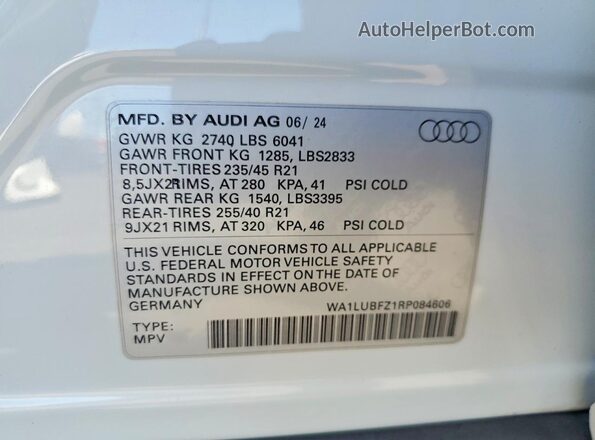 WA1LUBFZ1RP084606 2024 AUDI Q4 White VIN კოდის სტიკერის ხედი