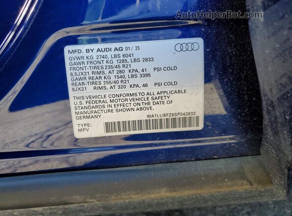 WA1LUBFZ8SP043833 2025 AUDI Q4 Blue Вид наклейки з VIN-кодом