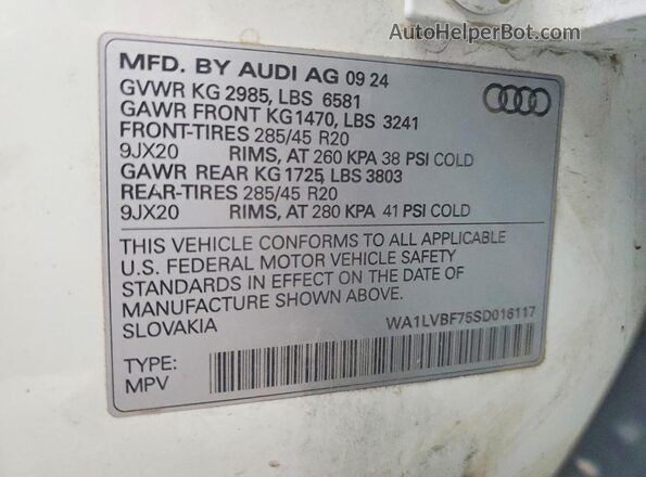 WA1LVBF75SD016117 2025 AUDI Q7 White VIN կոդի պիտակի տեսք