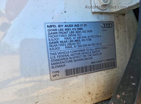 WA1LXAF71LD004536 2020 AUDI Q7 White Vista del compartimento del motor