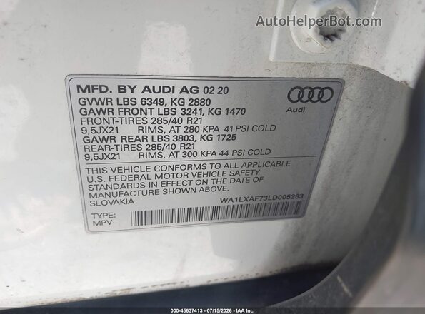 WA1LXAF73LD005283 2020 AUDI Q7 White ძრავის განყოფილების ხედი