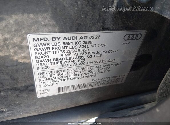 WA1LXBF76ND013175 2022 AUDI Q7 Black Vista del compartimento del motor