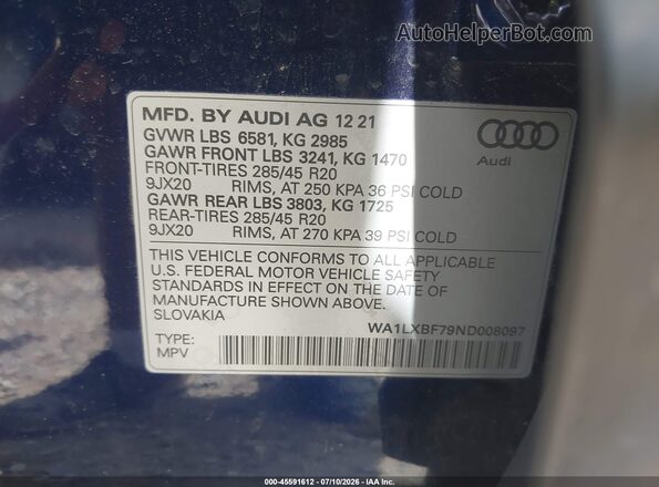 WA1LXBF79ND008097 2022 AUDI Q7 Blue ძრავის განყოფილების ხედი