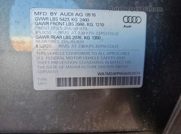 WA1M2AFP6HA052674 2017 AUDI Q5 Gray VIN კოდის სტიკერის ხედი