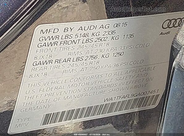 WA1TFAFL9GA007451 2016 AUDI ALLROAD Black Вид підкапотного простору